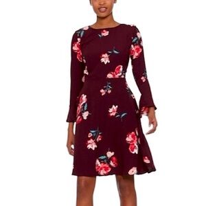 Cranberry floral long sleeve crew neck knee length fit and flare dress